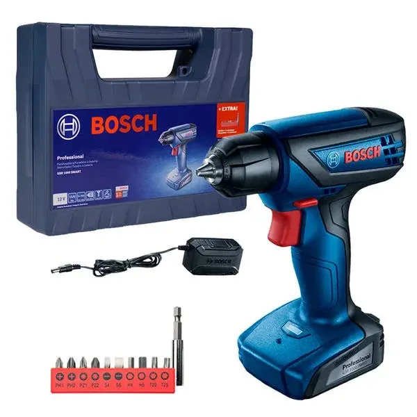Parafusadeira e Furadeira a Bateria Bosch GSR 1000 Smart 12V com Carregador, 10 Bits e Extensor