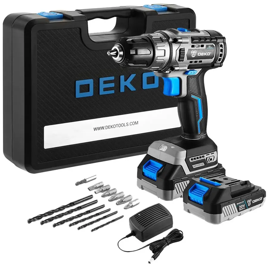 Parafusadeira Furadeira Brushless 3/8" 20V com 2 Baterias 1,5Ah Lítio-Íon, Carregador Bivolt e Maleta com Acessórios Deko