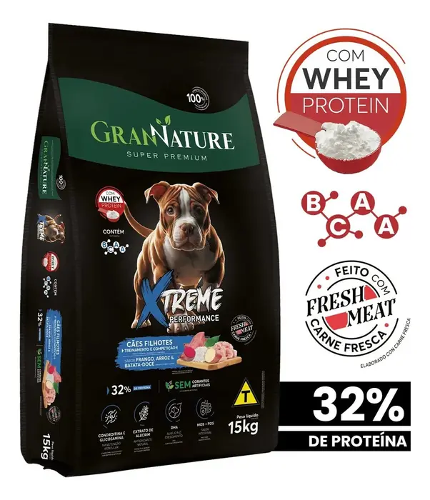 Ração Whey Protein Grannature Xtreme Alta Performance 32% Proteína para Cães Filhote raças Médio E Grande Porte 15kg
