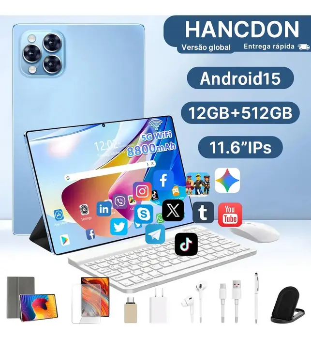 Tablet Android 15 Hancdon Tab Kit Completo Ram 12gb 512gb 11.6e#039;e#039; Hd Tela Apoia Wifi 2,4/4g/5g Dual Sim Bateria 8800mah Com Caneta+teclado E