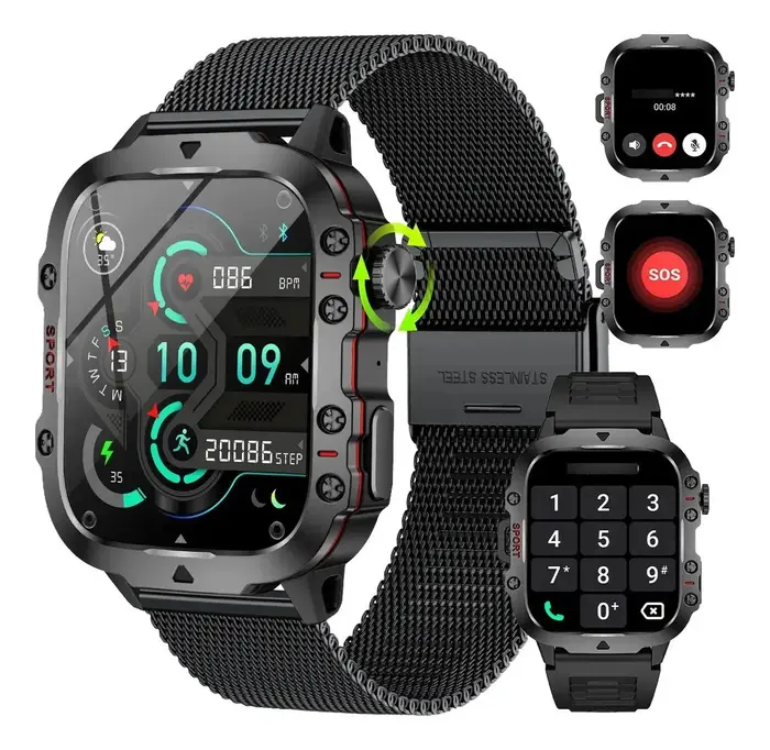 FOXBOX Relógio Smartwatch Inteligente Android Ios Bluetooth Homens Preto Mesh Chamadas Bluetooth Caixa Preto Pulseira Medção de frequência cardíaca Ox
